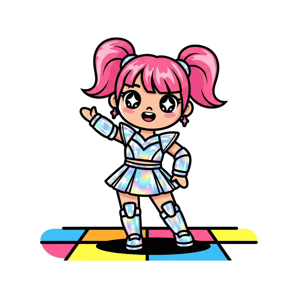 Custom design: “K-pop popstar girl with pink hair and holographic outfit, dancing on colorful stage, cute and friendly expression, b...