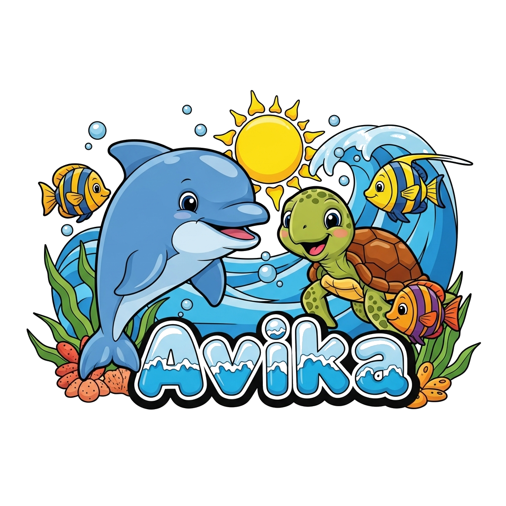 Custom design: A vibrant cartoon illustration of a friendly baby dolphin, a happy sea turtle, and colorful tropical fish swimming pl...