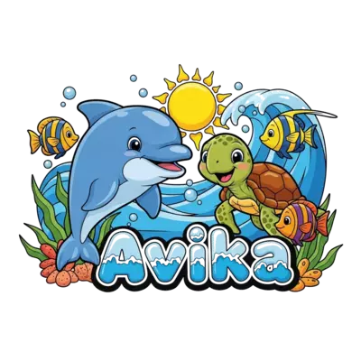 Design: A vibrant cartoon illustration of a friendly baby dolphin, a happy sea turtle...