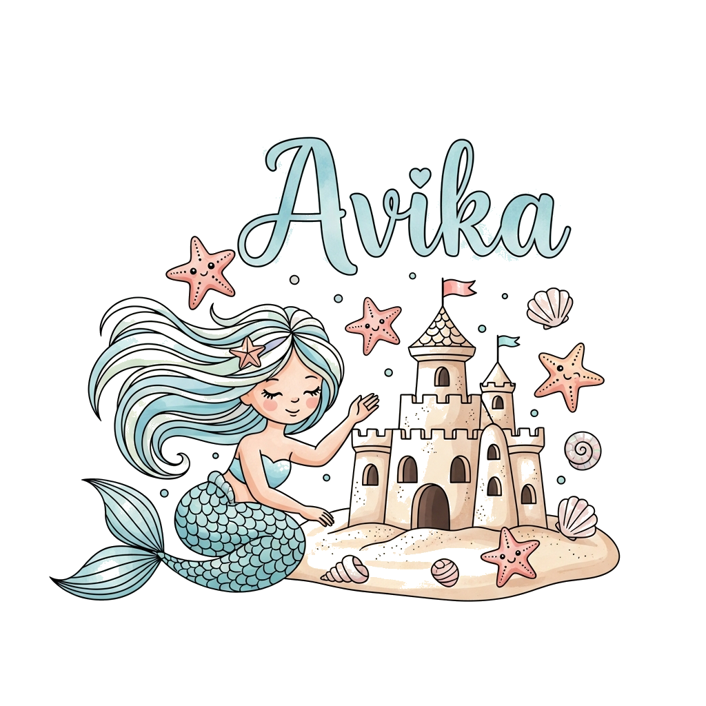 Custom design: A whimsical illustration of a pastel mermaid playing near a soft sandcastle on a gentle beach, surrounded by cute sta...