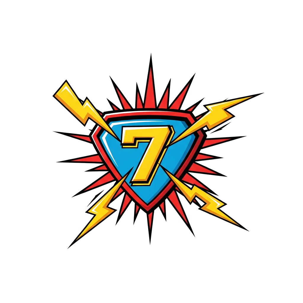 Custom design: A powerful, stylized superhero emblem with the number '7' subtly integrated, featuring lightning bolts and a dynamic ...