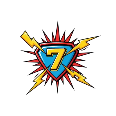 Design: A powerful, stylized superhero emblem with the number '7' subtly integrated, ...