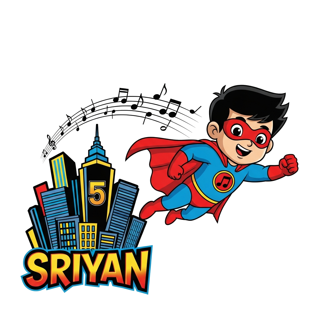 Custom design: A dynamic cartoon illustration of a superhero child, 'Sriyan', with a musical note emblem on his chest, flying above ...