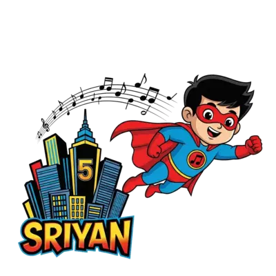 Design: A dynamic cartoon illustration of a superhero child, 'Sriyan', with a musical...