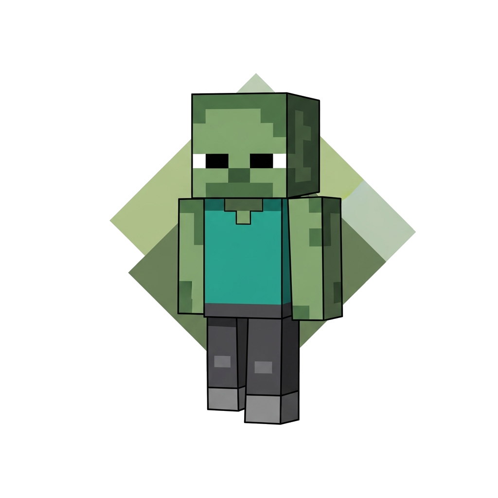 Custom design: A minimalist pixel art Minecraft zombie character, rendered with clean lines and sharp edges, against a modern geomet...