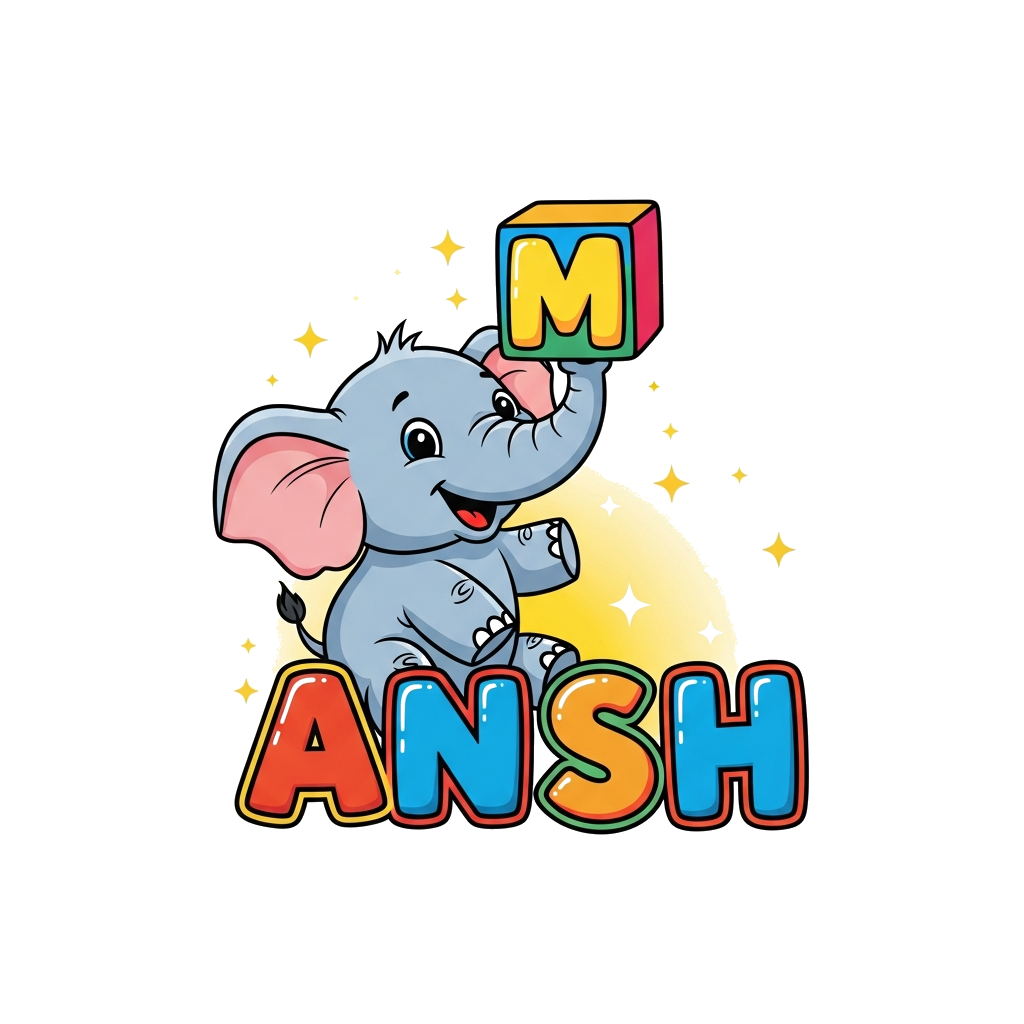 Custom design: A cheerful, cartoon baby elephant playfully balancing a colorful block letter 'M' on its trunk, with the rest of the ...