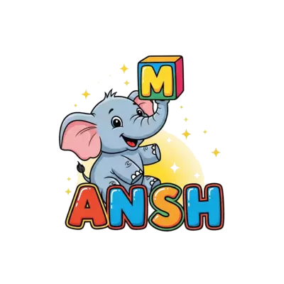 Design: A cheerful, cartoon baby elephant playfully balancing a colorful block letter...