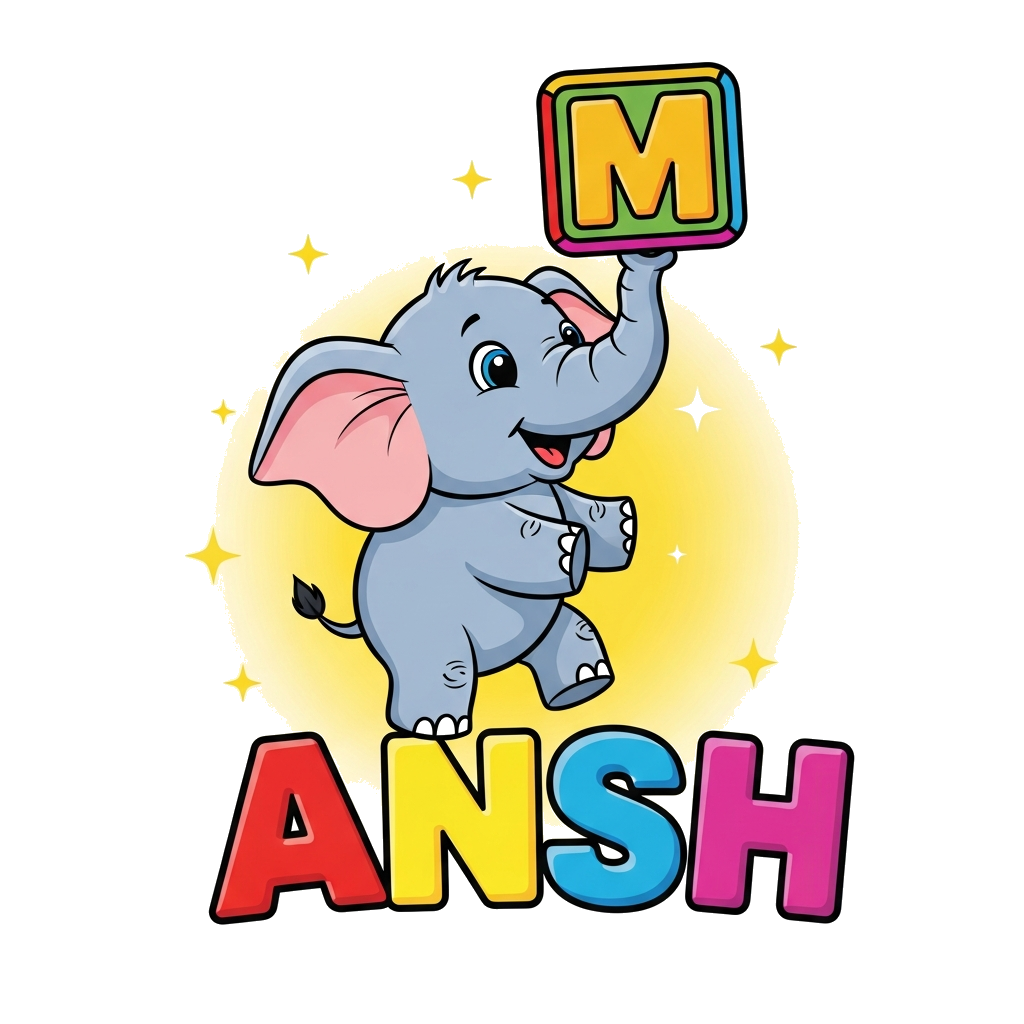 Custom design: A cheerful, cartoon baby elephant playfully balancing a colorful block letter 'M' on its trunk, with the rest of the ...