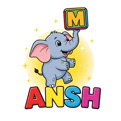 Design: A cheerful, cartoon baby elephant playfully balancing a colorful block letter...