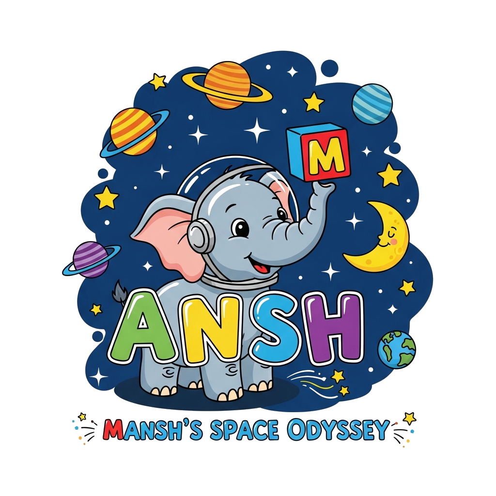 Custom design: A cheerful, cartoon baby elephant wearing a tiny astronaut helmet, playfully balancing a colorful block letter 'M' on...