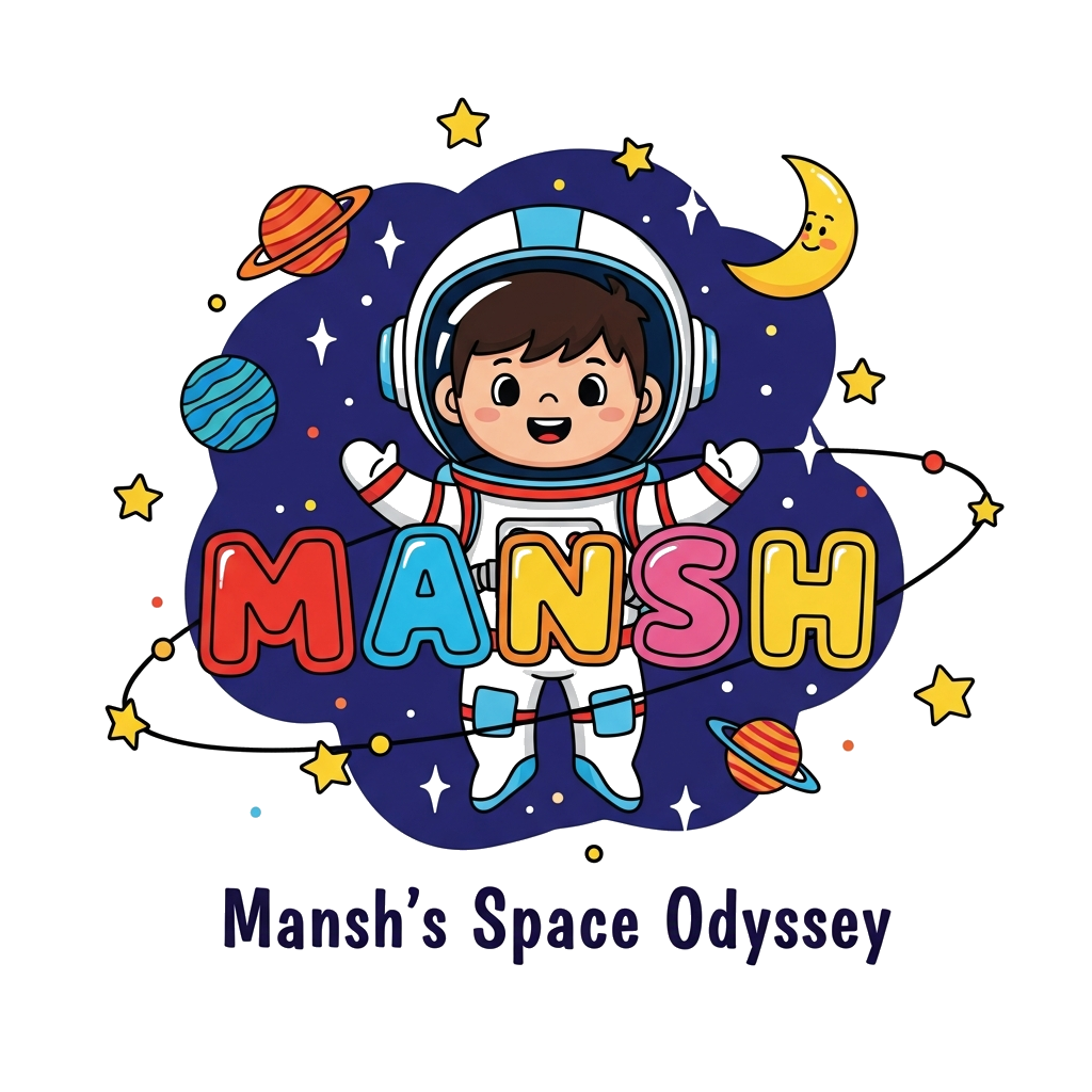 Custom design: A cheerful, child-friendly illustration featuring a cute, cartoon representation of a young boy's face (Mansh) inside...
