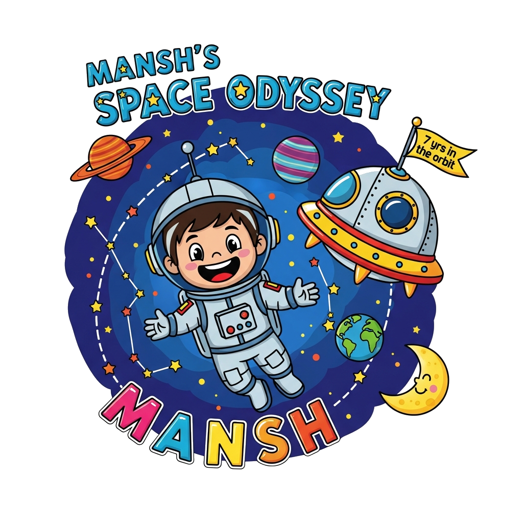 Custom design: A vibrant, child-friendly illustration of a cheerful cartoon boy's face (Mansh) in an astronaut helmet and suit, happ...