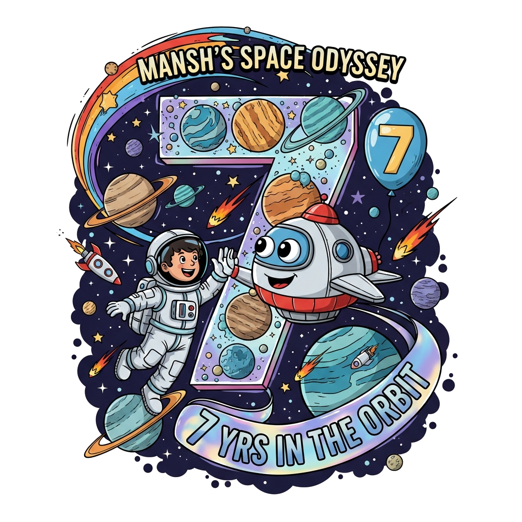 Custom design: A dynamic, bold, and slightly realistic illustration showcasing a joyful astronaut boy, Mansh, high-fiving a friendly...