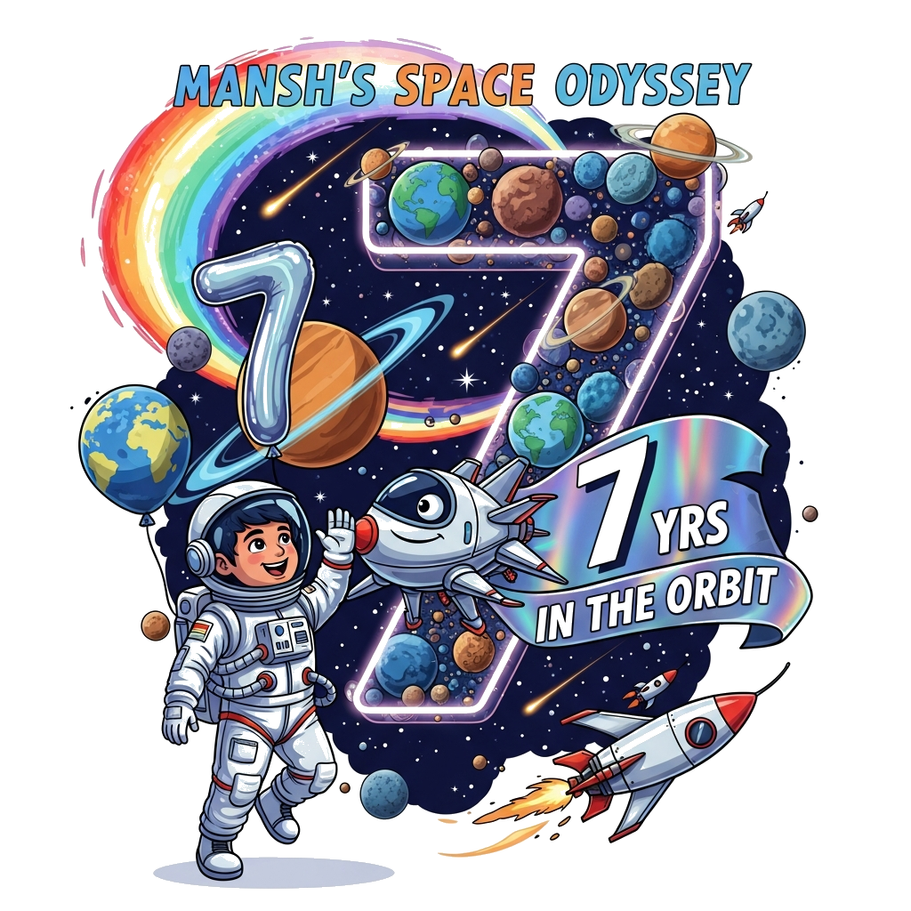 Custom design: A hyper-realistic illustration of a joyful Indian astronaut boy, Mansh, in a detailed spacesuit, high-fiving a sleek,...