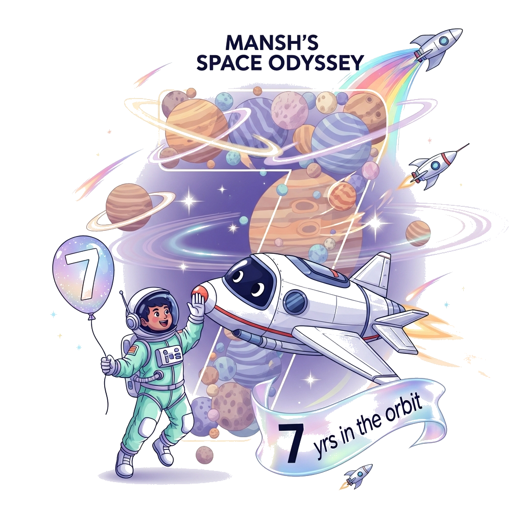 Custom design: A whimsical illustration of a joyful Indian astronaut boy, Mansh, in a detailed spacesuit rendered in soft pastel blu...