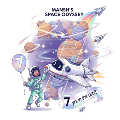 Design: A whimsical illustration of a joyful Indian astronaut boy, Mansh, in a detail...