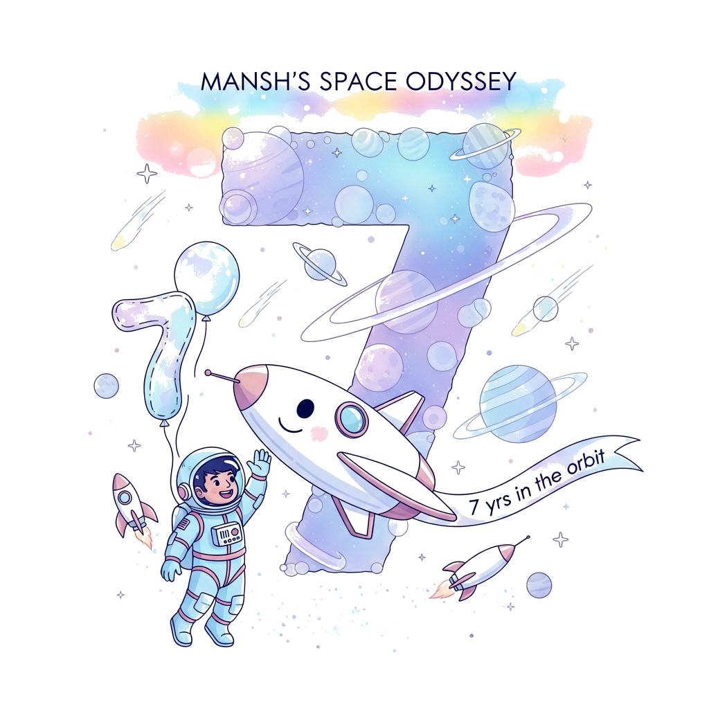 Custom design: A dreamy, ethereal illustration of a joyful Indian astronaut boy, Mansh, in a spacesuit rendered in almost translucen...