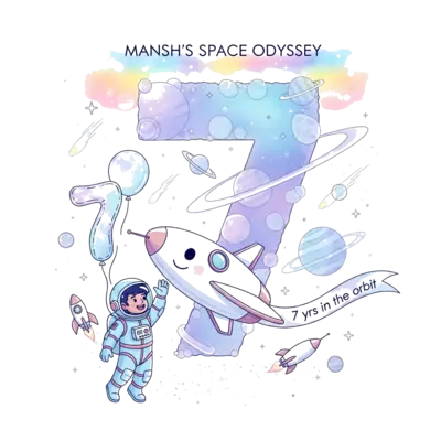 Design: A dreamy, ethereal illustration of a joyful Indian astronaut boy, Mansh, in a...