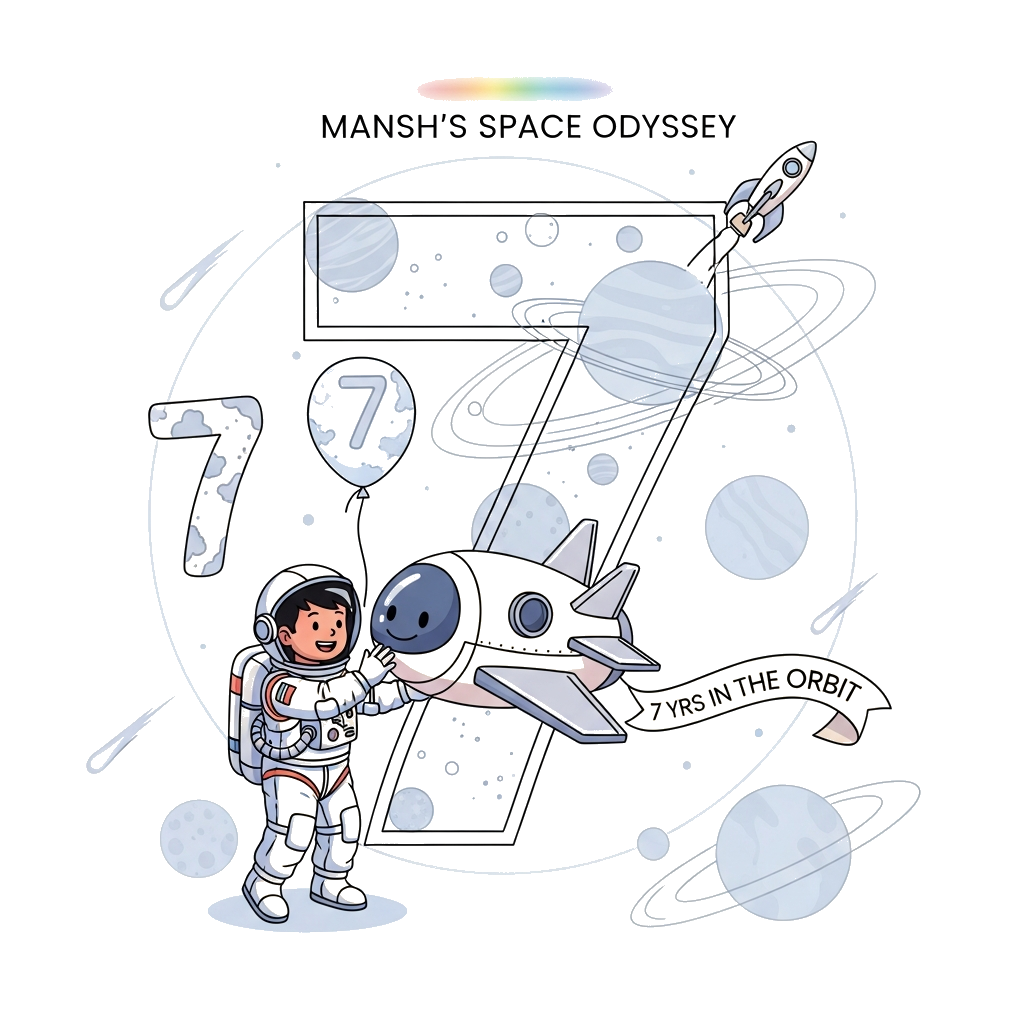 Custom design: A serene, almost monochromatic illustration with subtle pops of color, depicting a joyful Indian astronaut boy, Mansh...