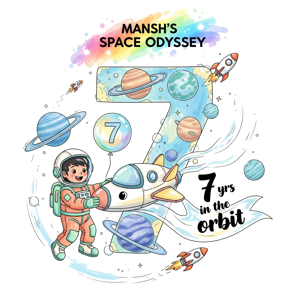 Custom design: A delicate, watercolor-inspired illustration with an emphasis on luminosity, featuring a joyful Indian astronaut boy,...