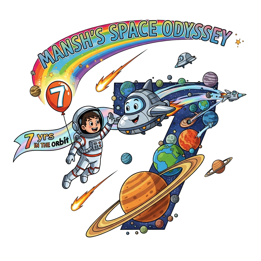 Custom design: A breathtakingly realistic and extremely bold illustration capturing a dynamic moment: a joyful astronaut boy, Mansh,...