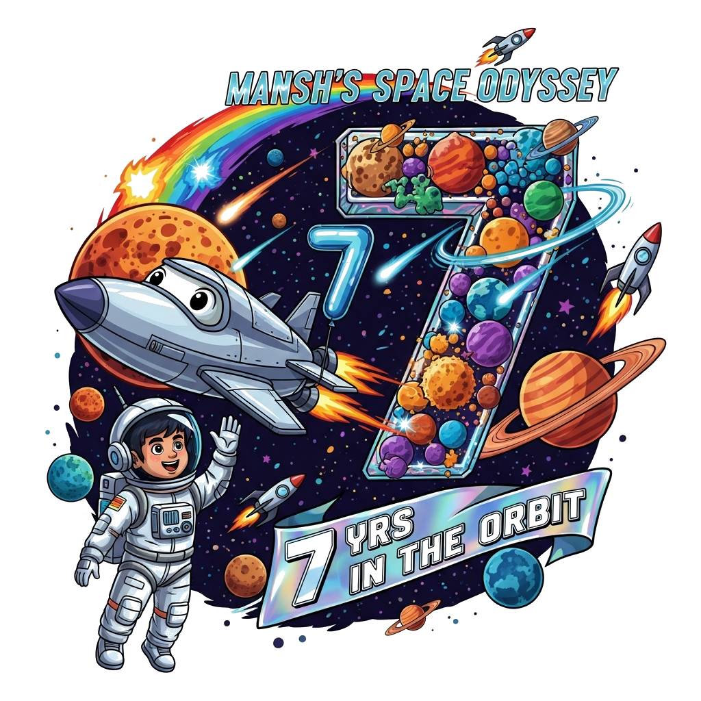 Custom design: A vibrant, hyper-realistic illustration of a joyful Indian astronaut boy, Mansh, in a detailed, brightly colored spac...