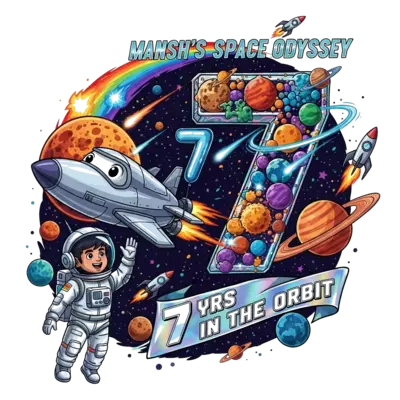 Design: A vibrant, hyper-realistic illustration of a joyful Indian astronaut boy, Man...