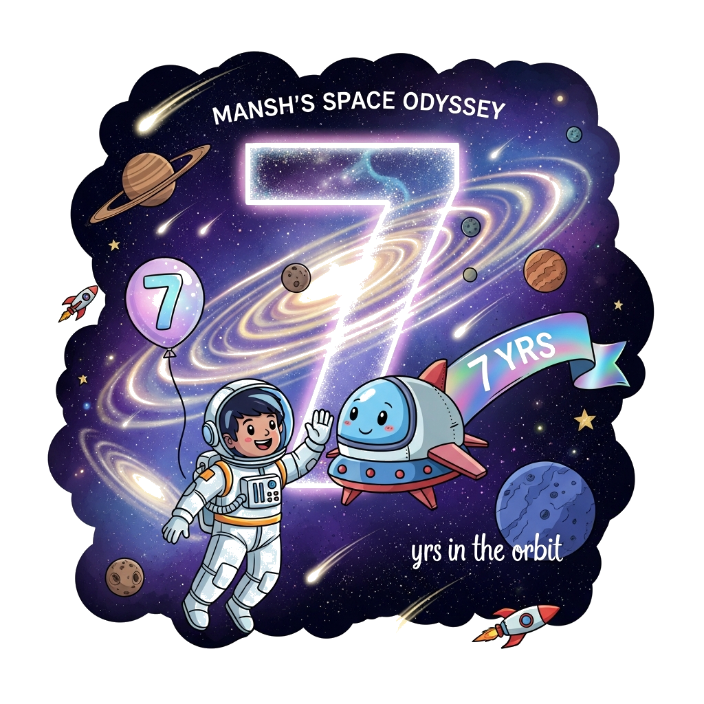 Custom design: A fantastical and extremely bright illustration featuring a joyful Indian astronaut boy, Mansh, in a finely detailed,...