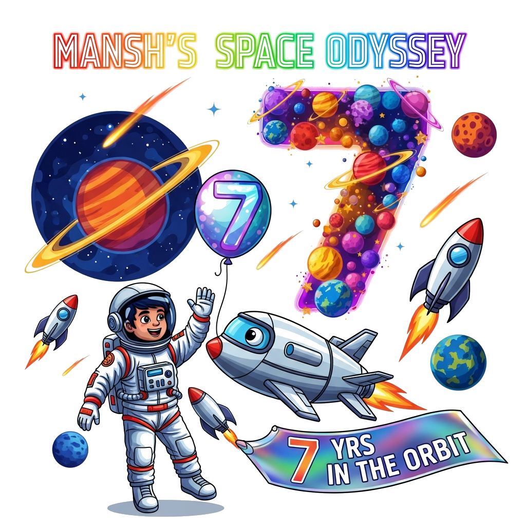 Custom design: A vibrant, hyper-realistic illustration of a joyful Indian astronaut boy, Mansh, in a detailed, brightly colored spac...