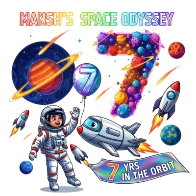 Design: A vibrant, hyper-realistic illustration of a joyful Indian astronaut boy, Man...