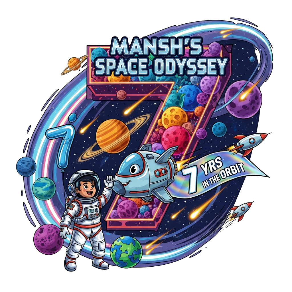 Custom design: A vibrant, hyper-realistic illustration of a joyful Indian astronaut boy, Mansh, in a detailed, brightly colored spac...