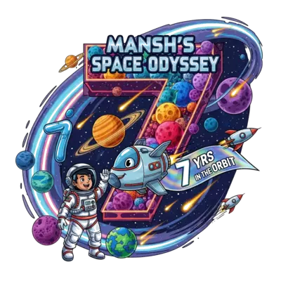 Design: A vibrant, hyper-realistic illustration of a joyful Indian astronaut boy, Man...