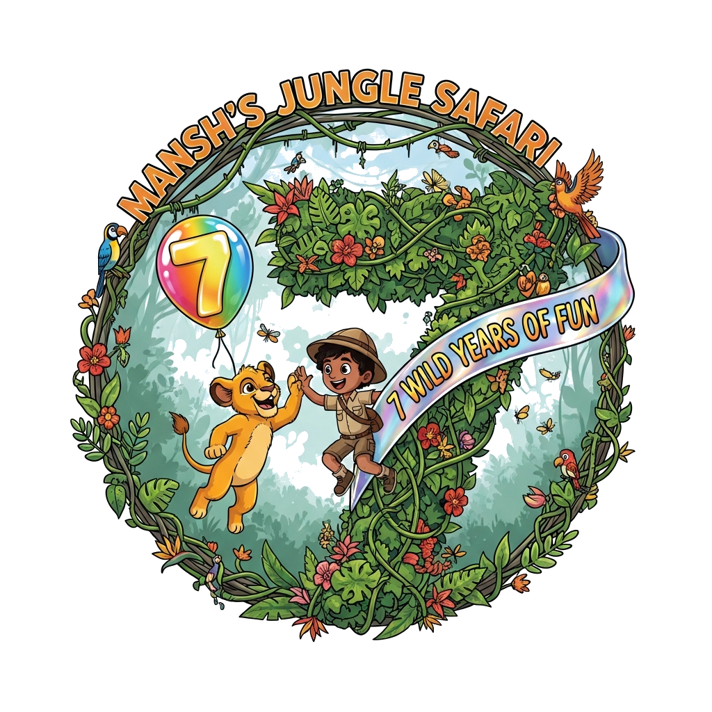Custom design: A vibrant, playful illustration of an Indian explorer boy, Mansh, high-fiving a friendly, anthropomorphic lion cub. A...