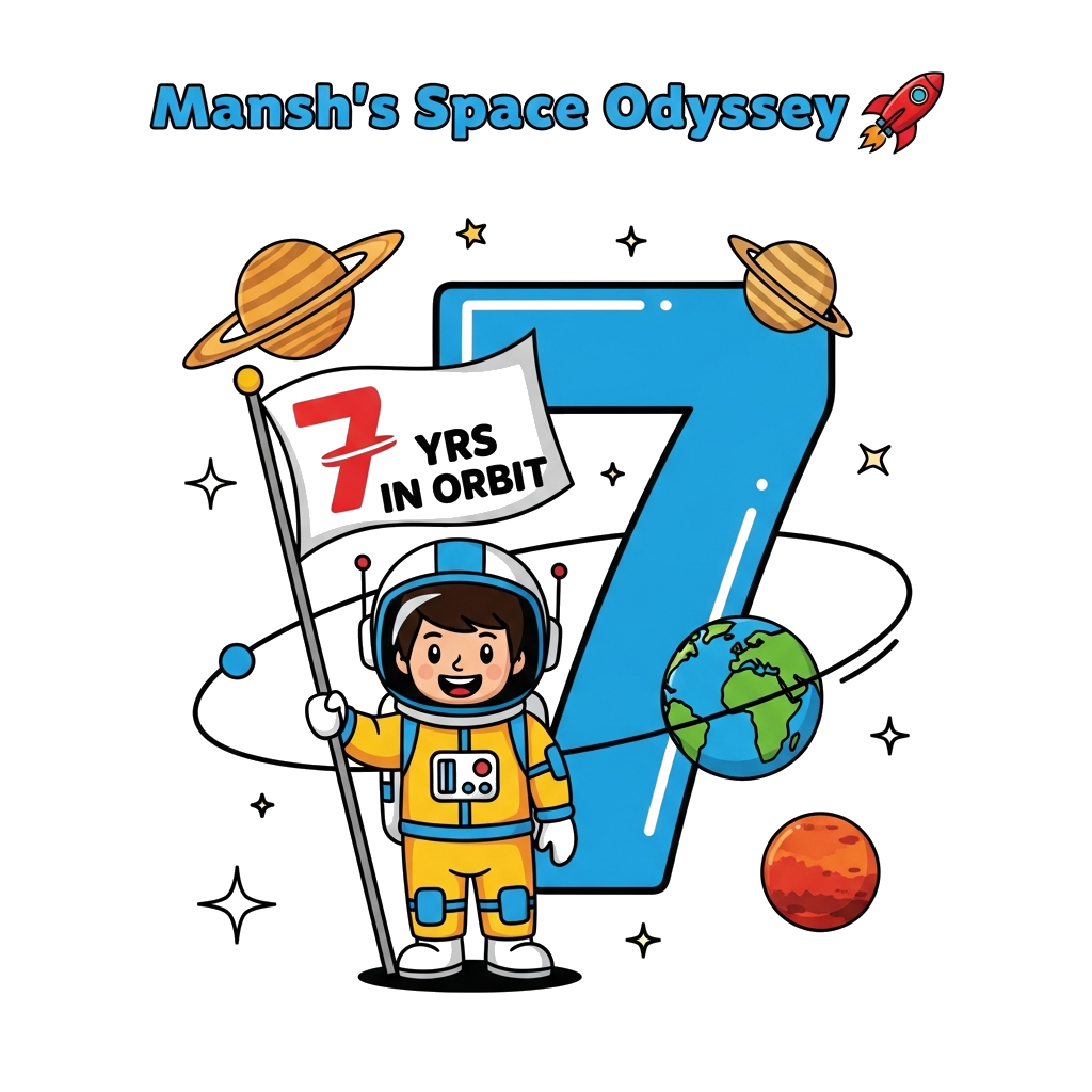 Custom design: Boy astronaut holding the flag hoisting 7 yrs in the orbit with space theme of no.7 in the background,at the top writ...