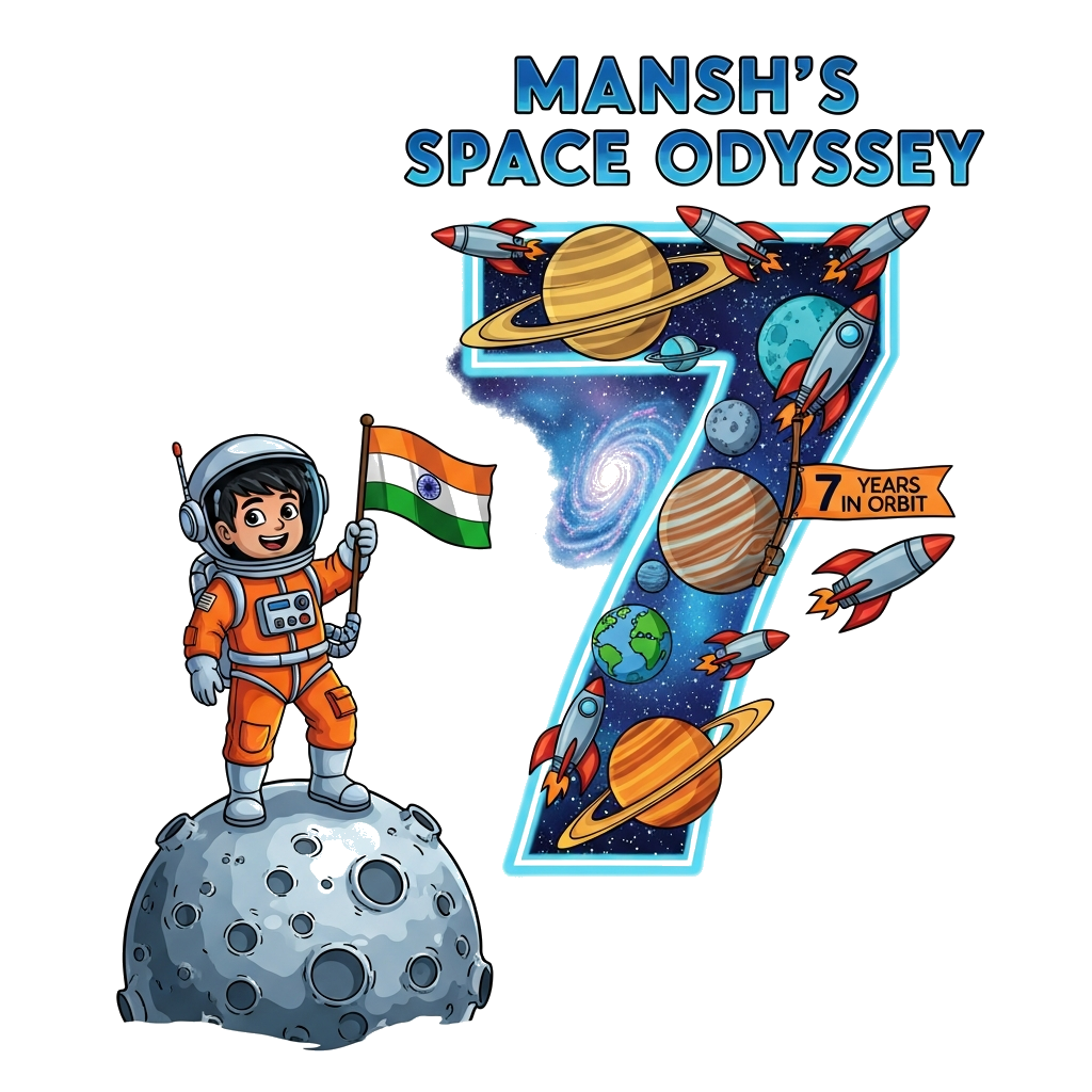 Custom design: A vibrant and detailed illustration of a cheerful Indian boy astronaut, around 7 years old, in a bright orange space ...