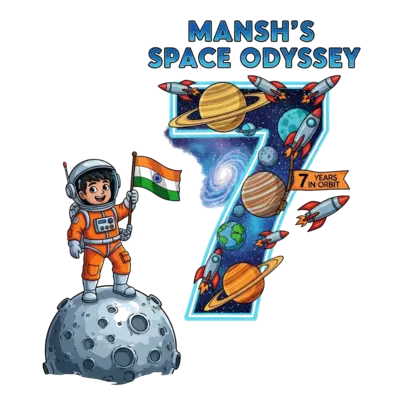 Design: A vibrant and detailed illustration of a cheerful Indian boy astronaut, aroun...