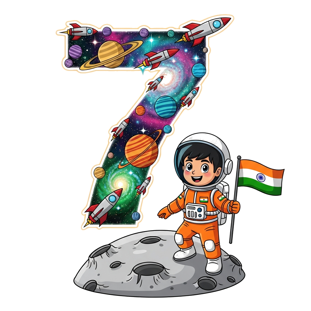 Custom design: A vibrant and detailed illustration of a cheerful Indian boy astronaut, around 7 years old, in a bright orange space ...