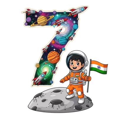 Design: A vibrant and detailed illustration of a cheerful Indian boy astronaut, aroun...
