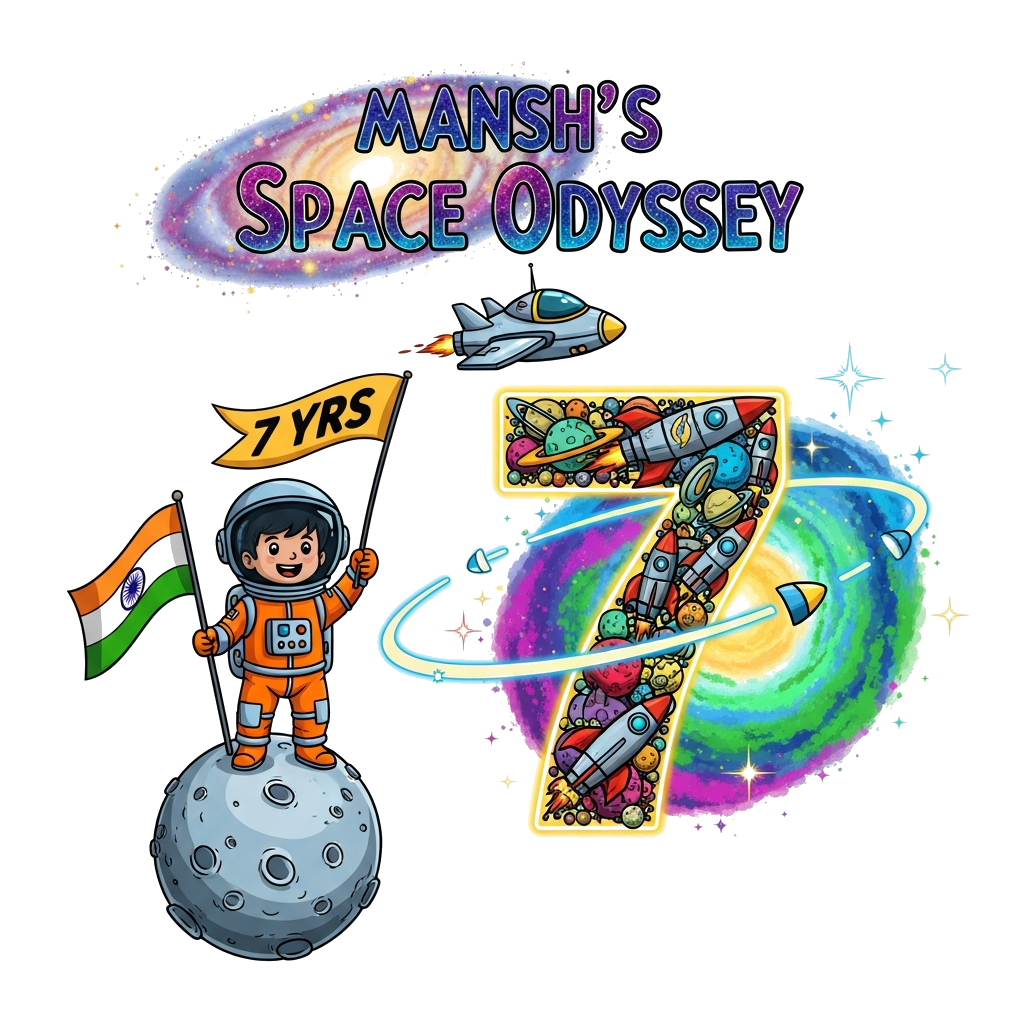 Custom design: A vibrant and detailed illustration with 'Mansh's Space Odyssey' prominently displayed at the top in a cosmic font. B...