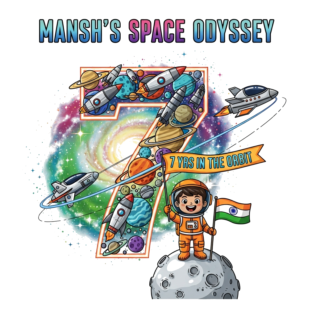 Custom design: A vibrant and detailed illustration with 'MANSH'S SPACE ODYSSEY' prominently displayed at the top in an extra bold, g...