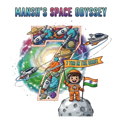 Design: A vibrant and detailed illustration with 'MANSH'S SPACE ODYSSEY' prominently ...