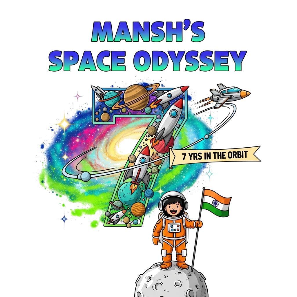 Custom design: A super vibrant and detailed illustration with 'MANSH'S SPACE ODYSSEY' prominently displayed at the top in an extra b...