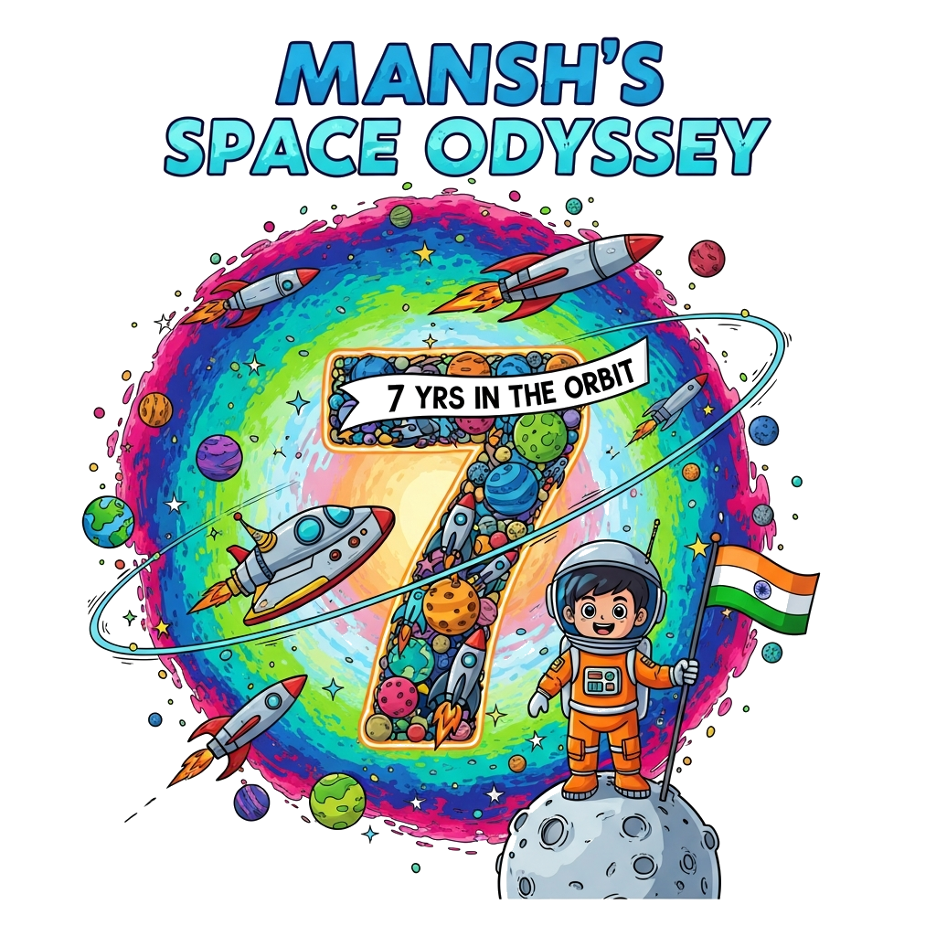 Custom design: A super vibrant and detailed illustration with 'MANSH'S SPACE ODYSSEY' prominently displayed at the top in an extra b...