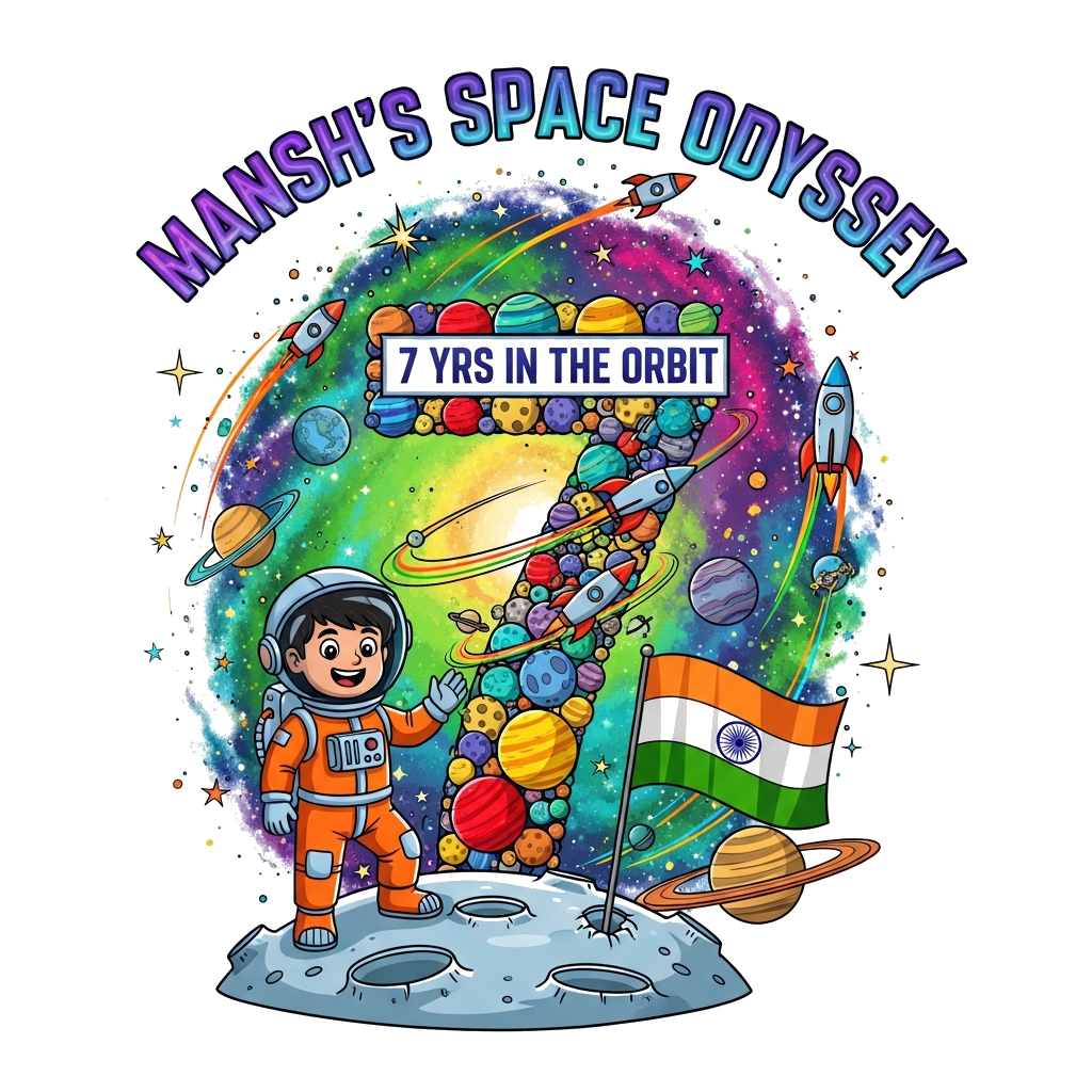 Custom design: A super vibrant and detailed illustration with 'MANSH'S SPACE ODYSSEY' prominently displayed in an arch form at the t...