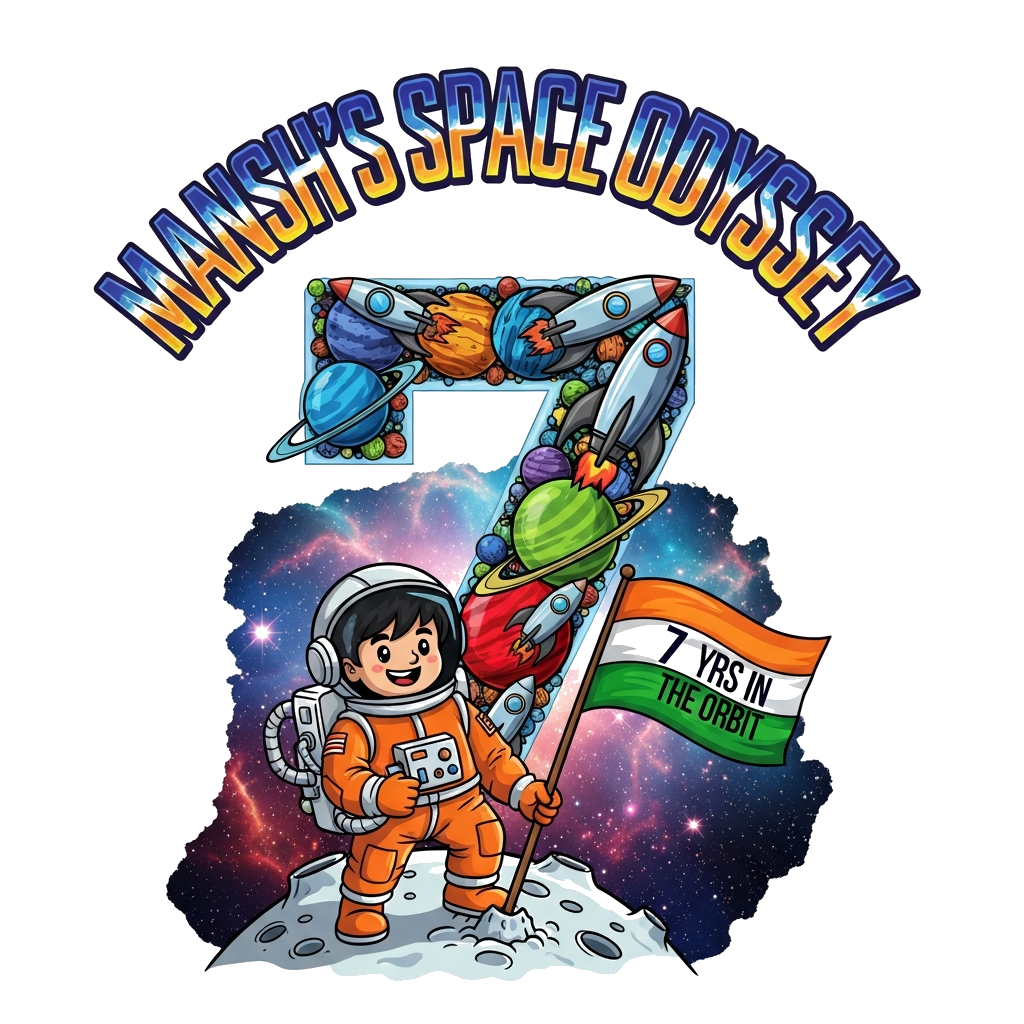 Custom design: A super vibrant and detailed illustration with 'MANSH'S SPACE ODYSSEY' prominently displayed in an arch form at the t...