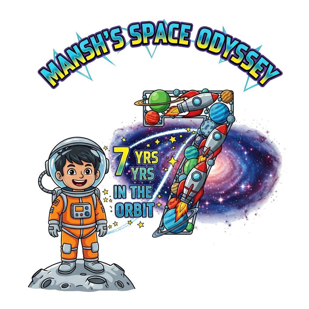Custom design: A super vibrant and detailed illustration with 'MANSH'S SPACE ODYSSEY' prominently displayed in an arch form at the t...