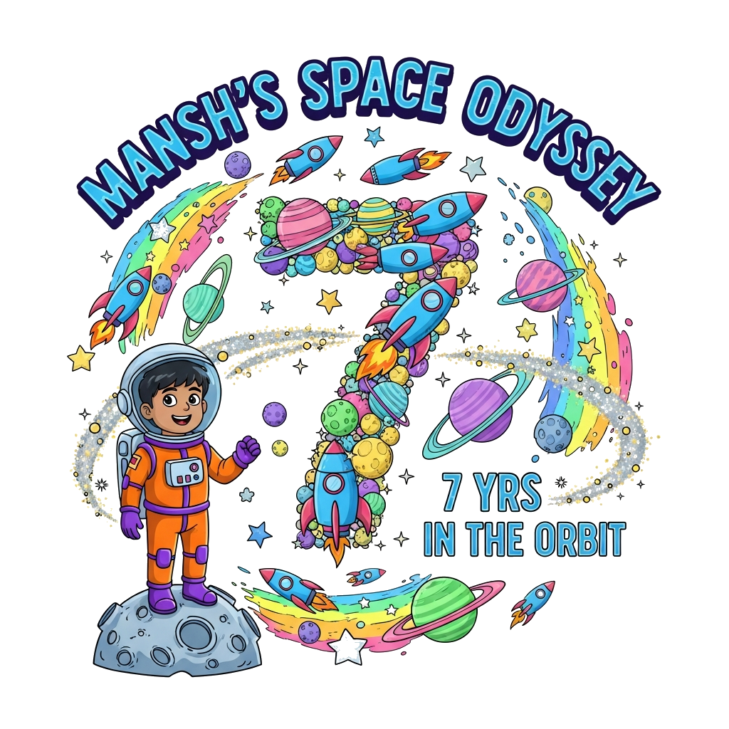 Custom design: A super vibrant and detailed illustration with 'MANSH'S SPACE ODYSSEY' prominently displayed in an arch form at the t...