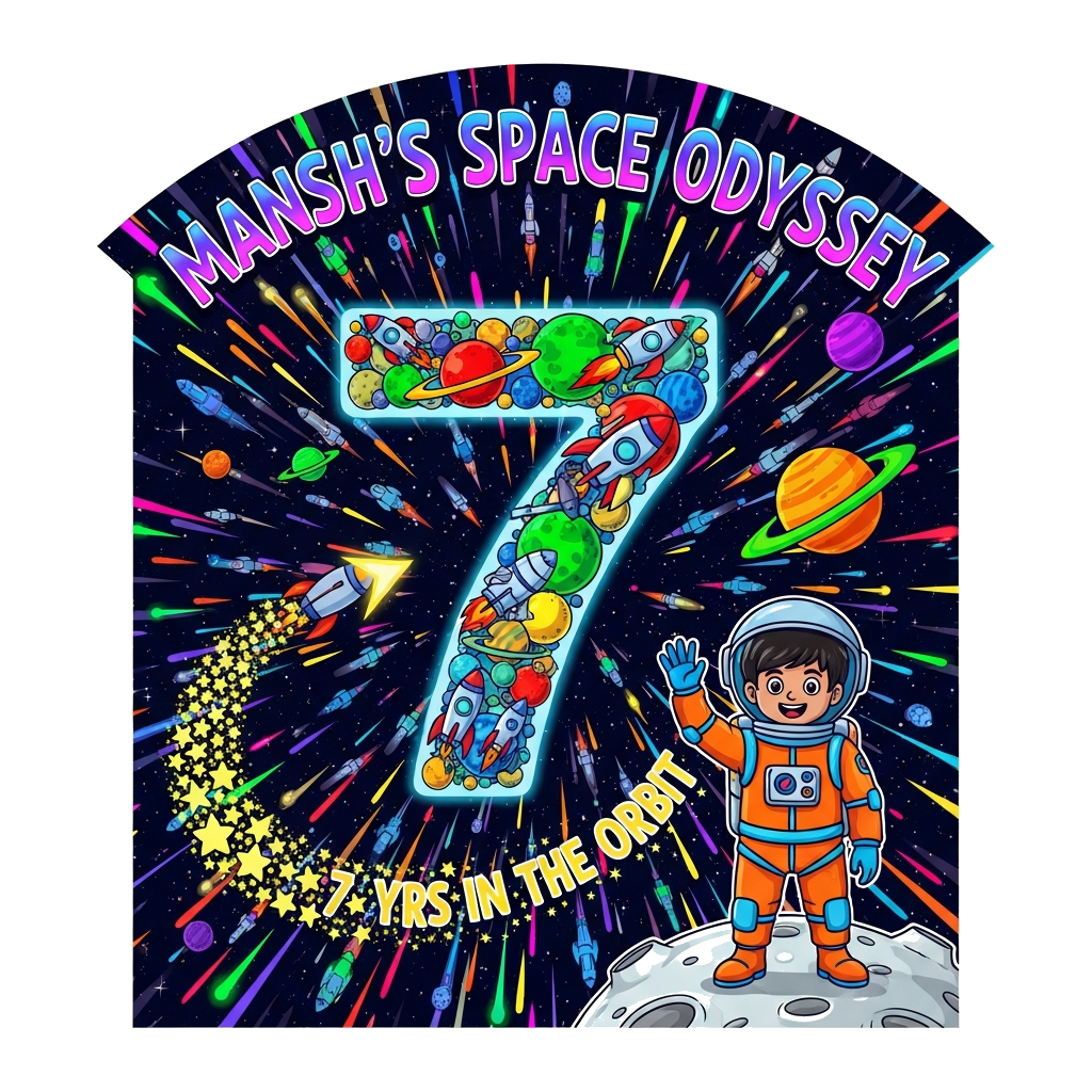 Custom design: A super vibrant and detailed illustration with 'MANSH'S SPACE ODYSSEY' prominently displayed in an arch form at the t...