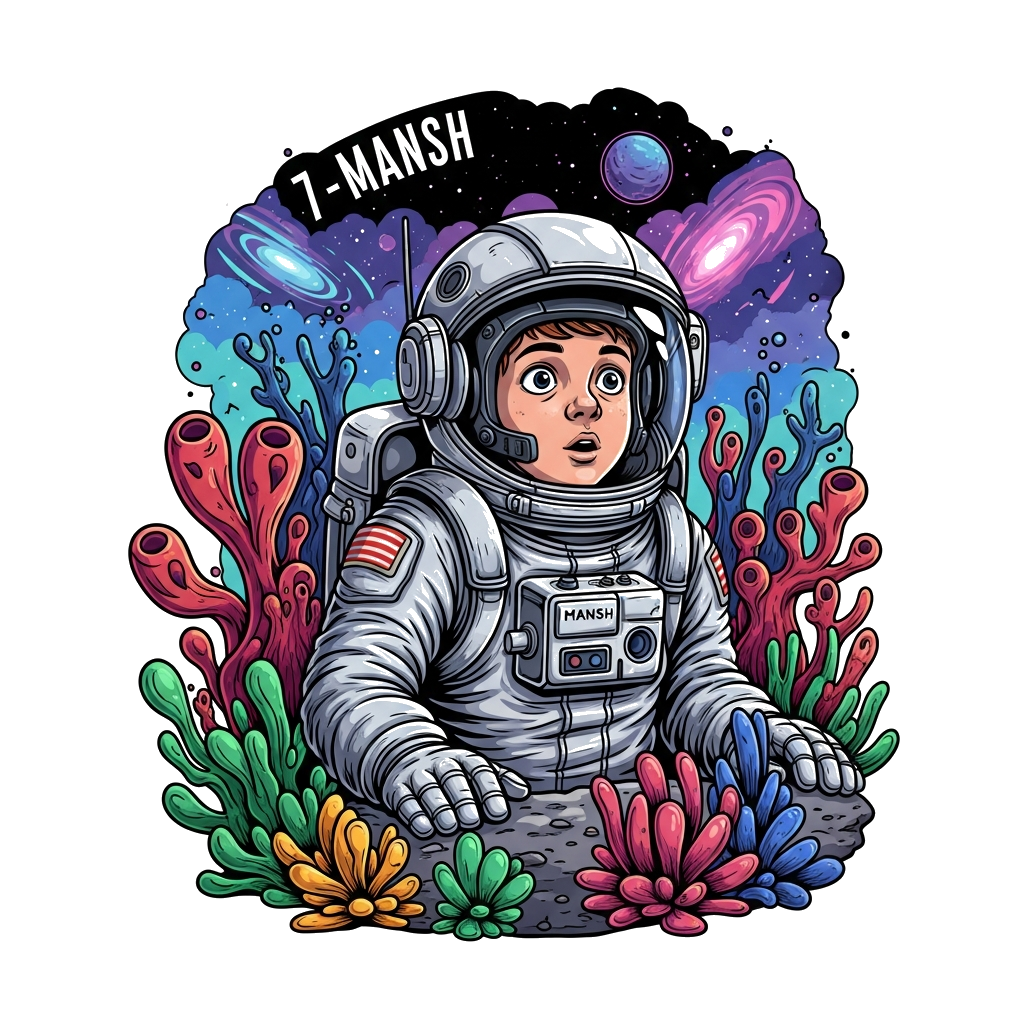 Custom design: A detailed and realistic illustration of a 7-year-old astronaut named Mansh exploring a vibrant alien planet, surroun...