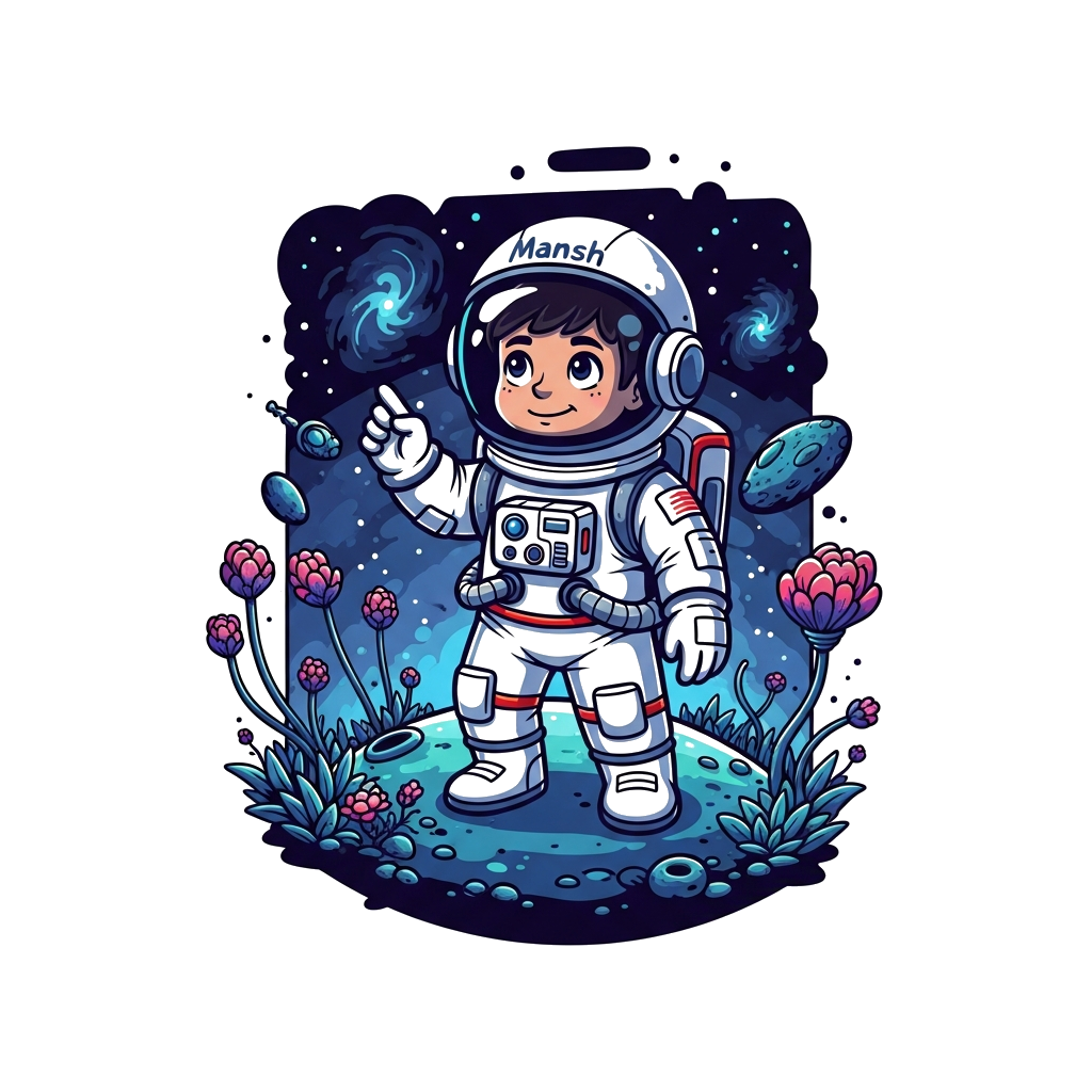 Custom design: A detailed and realistic illustration of a 7-year-old astronaut with the name 'Mansh' on their helmet, exploring a vi...